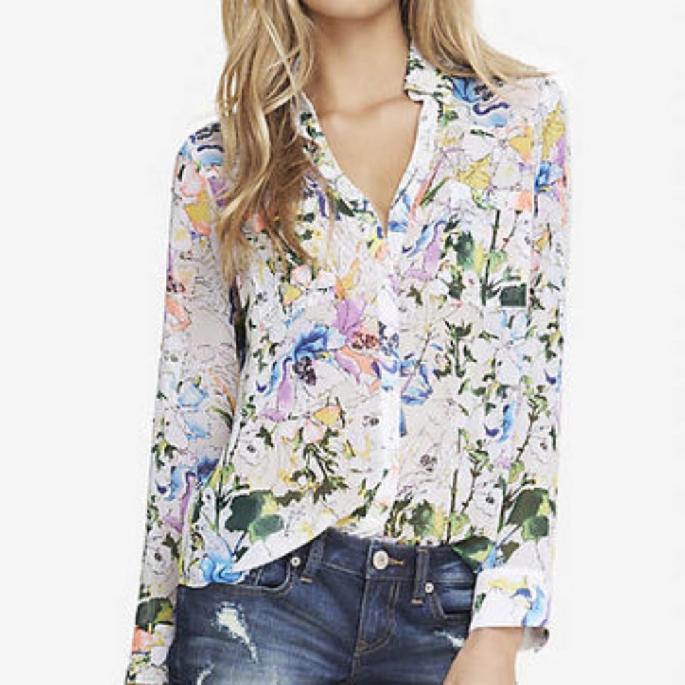 Express Portofino Button Up Blouse Floral White